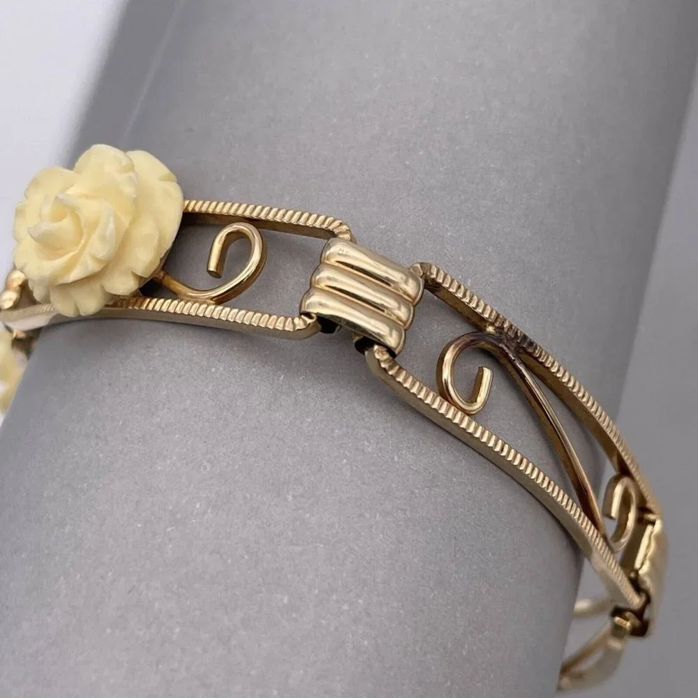 Vintage Amco 14k Gold Filled Celluloid Rose Five Panel Bracelet - Picture 6 of 8